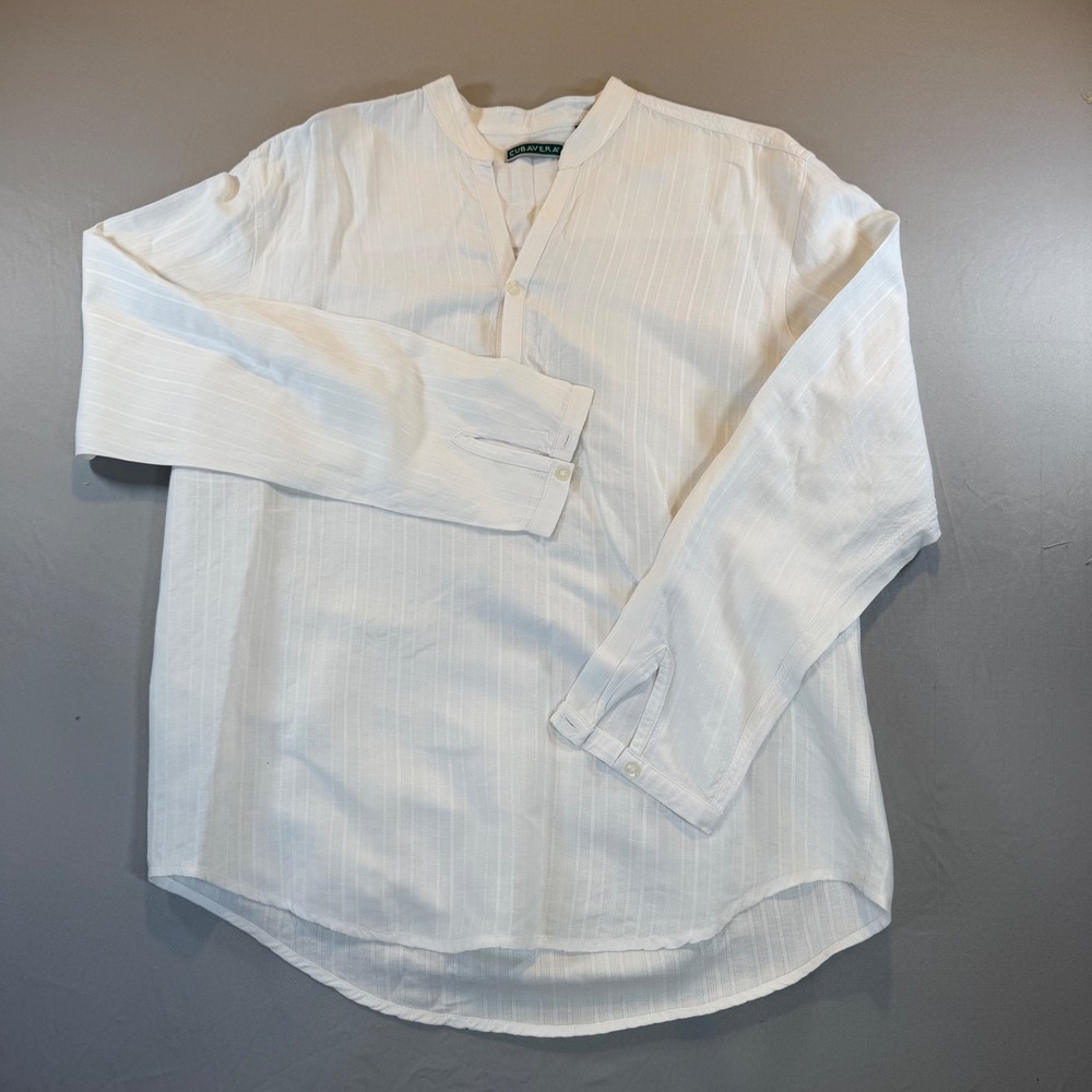 Cubavera Mens White Linen Blend Band Collar Dobby Stripe Long Sleeve Shirt L